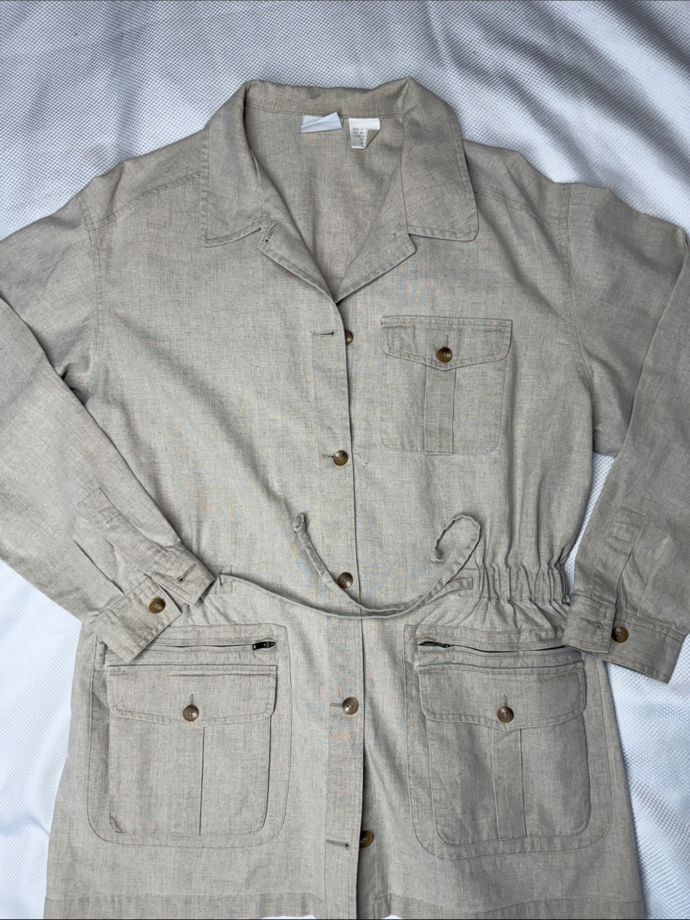 Women's Neutral Beige Linen Utility Jacket with Drawstring Waist - Medium